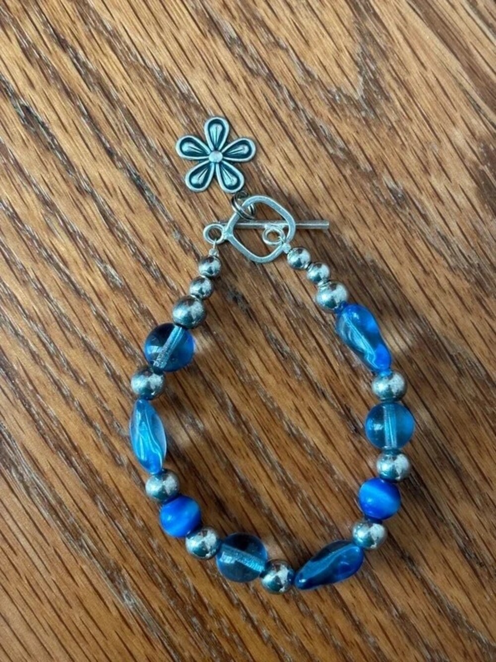 925 Sterling Silver Blue Glass Beaded Bracelet Toggle Flower Boho Y2K